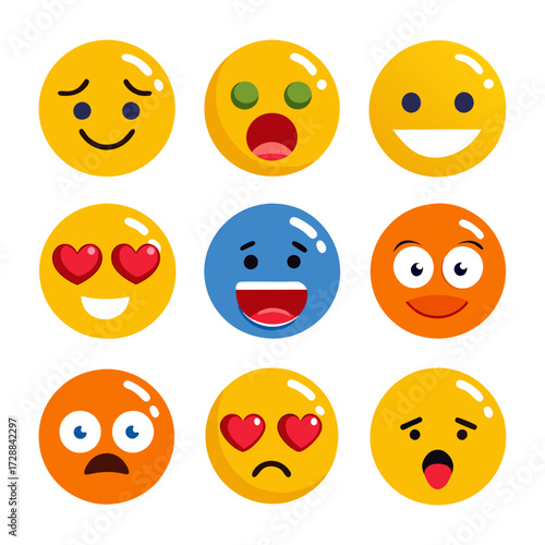 Nine colorful cartoon emoji icons showing various human emotions