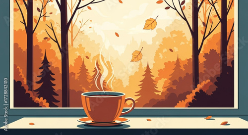 Coffee Cup with Autumn Forest Landscape Illustration