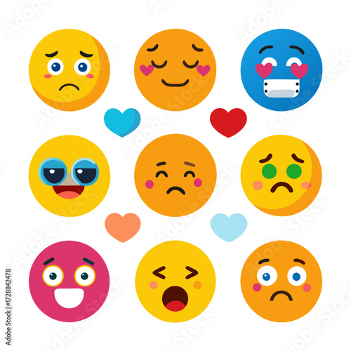 Variety of colorful emoji emotions on a white background