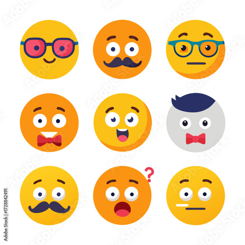 Collection of stylized facial expression emojis with different personalities