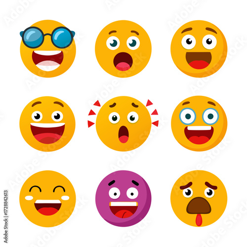 Collection of nine flat style cartoon emoji expressions