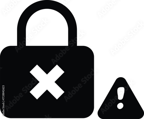 Security lock icon with cross symbol and warning alert sign for access denied or error