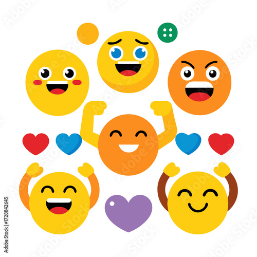 Collection of colorful emoji expressions and heart shapes