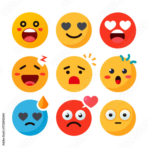 Collection of expressive flat emoji icons displaying various emotions