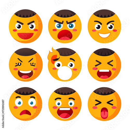 Set of diverse cartoon emoji faces with expressive emotions