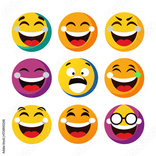 Collection of expressive emoticon faces conveying various positive emotions