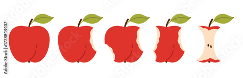 Bitten apple set, sequence game animation of eaten fruit. Stages of biting red ripe apple with green leaf from whole to half and core, bite progression cartoon animated collection, vector illustration