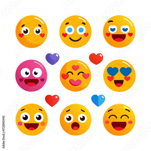 Cheerful emoji expressions convey love and positive emotions