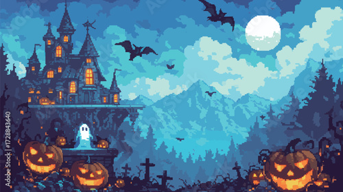 A haunted house stands on a rocky cliff, shrouded by mist. Jack-o-lanterns glow warmly, while bats fly under a full moon. A ghost floats near tombstones in a dark forest.