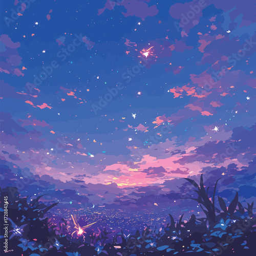 A beautiful sunset casts a warm glow over the horizon as stars begin to twinkle in the darkening sky. Soft clouds drift while colorful flowers sway gently in the foreground.