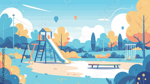 A bright playground features a slide, swings, and a seesaw surrounded by colorful trees and a clear blue sky. The setting invites fun and playtime for children.