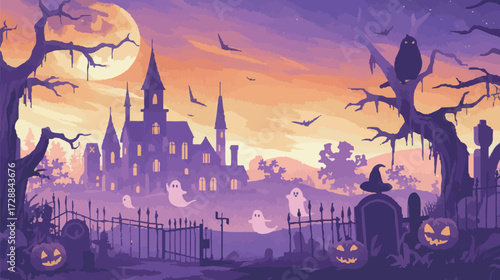 A haunting scene unfolds at twilight with a haunted mansion surrounded by ghosts, bats, and an eerie graveyard. The moon shines brightly over this spooky landscape.