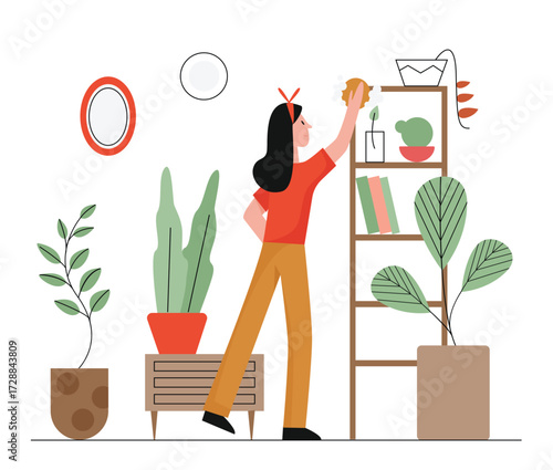 Clean house vector illustration. Cartoon flat happy woman housewife character working in household, cleaning living room home interior with cleaner sponge, domestic housework daily activity background