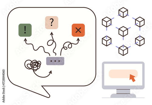 Speech bubble with arrows leading to solutions and decisions. Includes blockchain cubes and computer interface. Ideal for problem-solving, decision-making, complexity, blockchain, technology, process