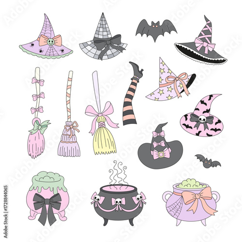 Preppy Coquette Halloween Witch Clipart Set. Pastel Witch Hat, Broom, Cauldron, Cute Spooky Elements Isolated on White.