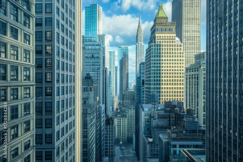 Fototapeta premium Skyscrapers stand tall against a blue sky filled with clouds. Sunlight reflects off glass windows in this vibrant urban scene