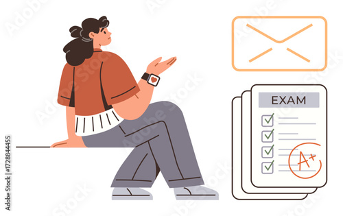 Young woman sitting on edge, gesturing confidently. Exam result sheet with A grade, email icon. Ideal for education, achievement, exam preparation, communication, academic success student