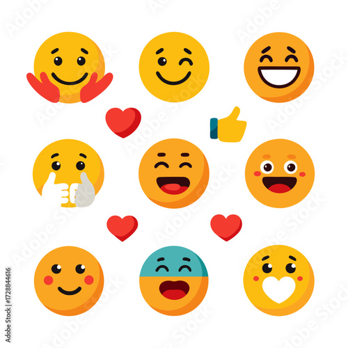 Collection of flat emoji icons conveying positive emotions