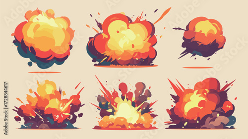 Bright, stylized explosions occur across a light backdrop, showcasing various shapes and colors to represent energy and impact. The design highlights dynamic movement and action.