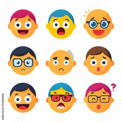 Collection of cartoon faces showing different emotions in flat style