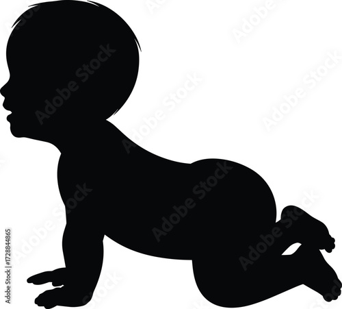 Silhouette illustration of a crawling baby, vector design for family themes, child care, motherhood concept, parenting, childhood memories, nursery decoration, baby products