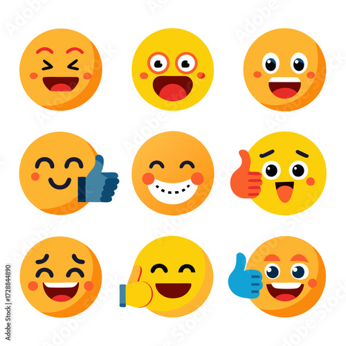 Collection of nine flat vector smiley face emoji icons