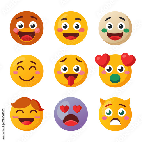 Nine assorted emoticon expressions in a colorful vector illustration