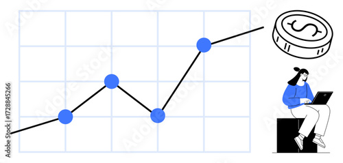 Graph with connected blue points showing upward progress, large dollar coin, person sitting on a block using a laptop. Ideal for finance, investment, analytics, business, success, economy simple