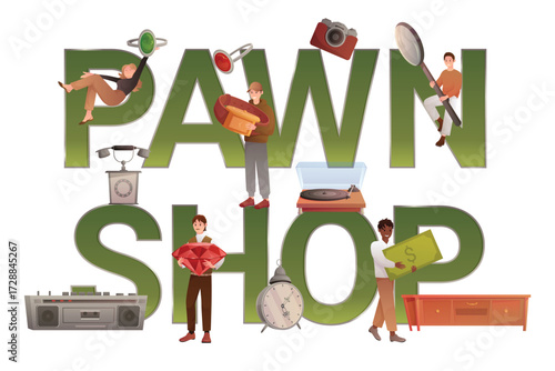 Pawnshop banner, poster design. Tiny people buy and sell antique or jewelry in store of pawnbroker, holding expensive item and magnifying glass near text of Pawn shop, cartoon vector illustration