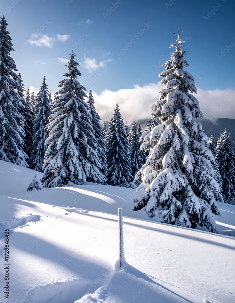 Fototapeta premium Snowy pine forest in mountains
