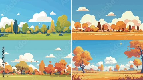 Four panels display a beautiful autumn landscape filled with trees in bright orange, yellow, and green hues under a clear blue sky with fluffy clouds.