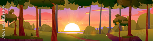 Cartoon nature landscape, summer evening forest