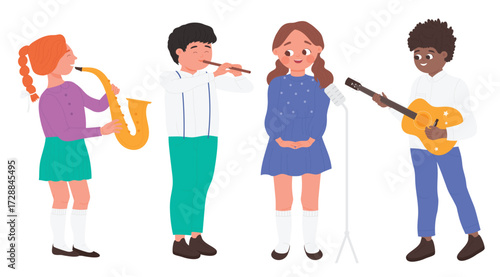 Children with musical instruments play acoustic music on school concert or party vector illustration. Cartoon cute group of boys and girls musicians playing saxophone, flute and guitar, singer singing