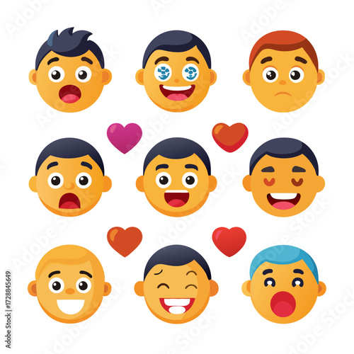 Diverse cartoon emoji faces expressing different emotions and love