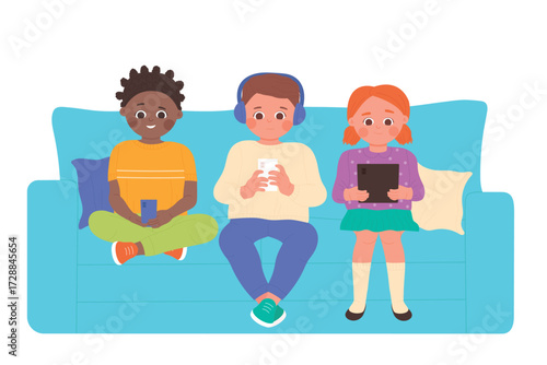Kids using mobile phones, tablet and laptop for online games and study vector illustration. Cartoon happy friends sitting on couch in home interior background. Internet addiction problem concept