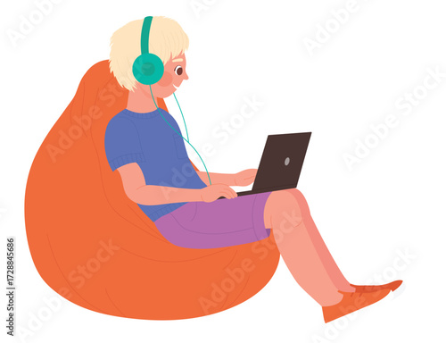 Kids using mobile phones, tablet and laptop for online games and study vector illustration. Cartoon happy friends sitting on couch in home interior background. Internet addiction problem concept