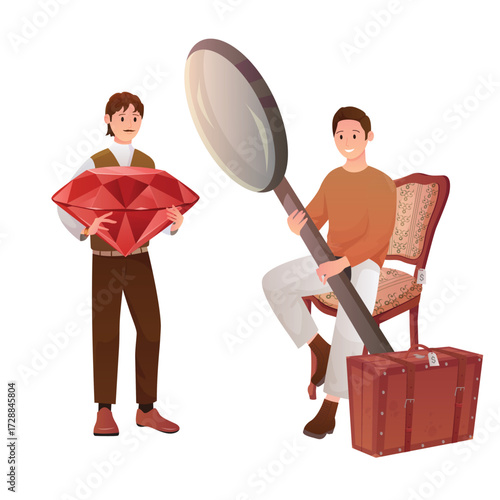 Pawnshop service, sale of antiques. Tiny people holding gem and magnifying glass to estimate value of jewelry, buy and sell old retro items in store of pawnbroker, cartoon vector illustration