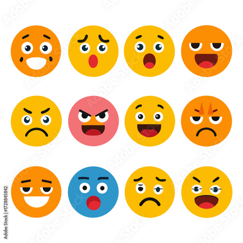 Collection of flat design emoji faces expressing various emotions