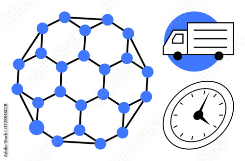 Blue network sphere, delivery truck, and clock emphasizing connection, logistics, time management, transportation, supply chain efficiency, punctuality, and global interconnectivity as a simple flat