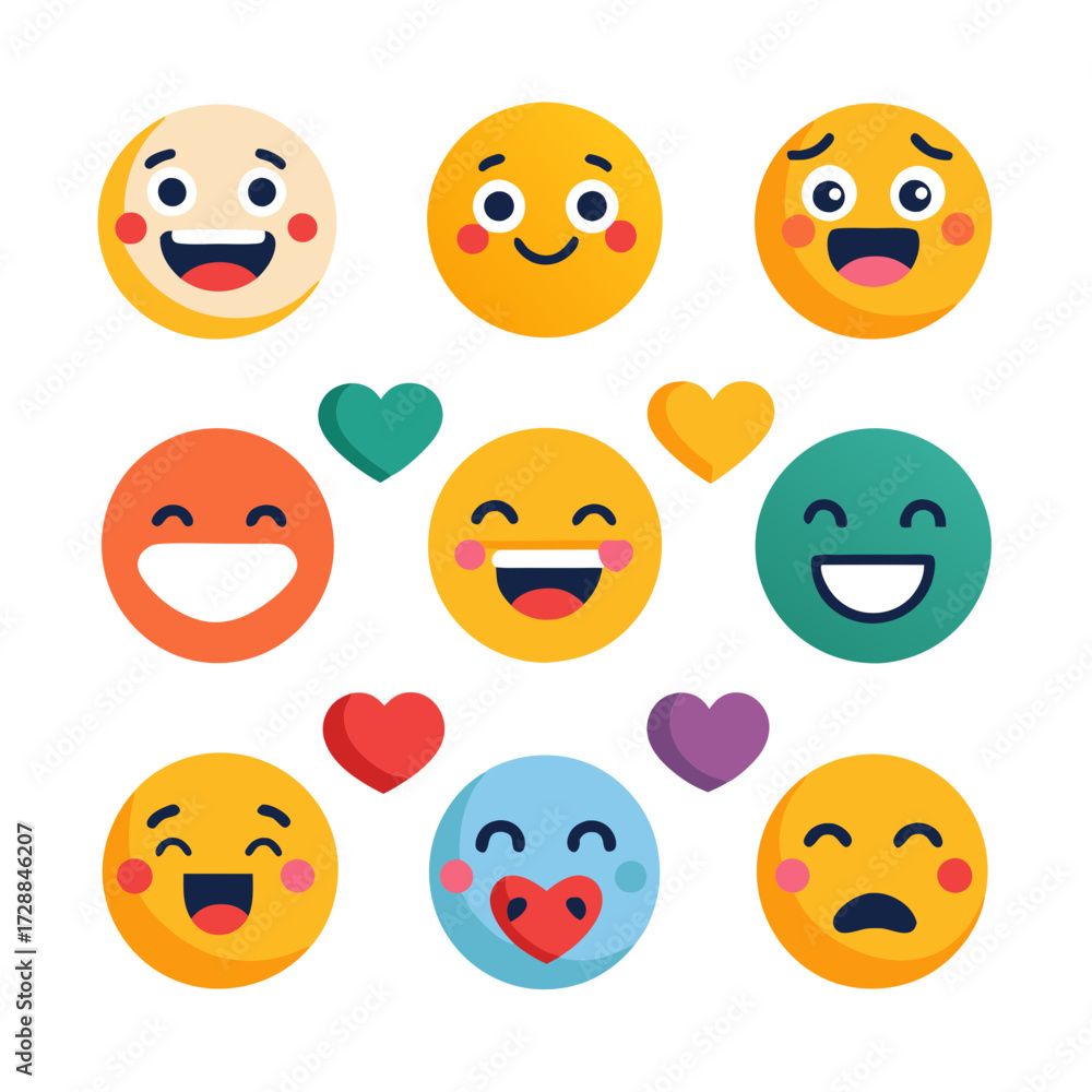 Fototapeta premium Collection of flat design emoji and heart illustrations
