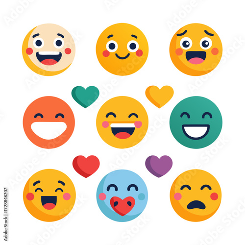 Collection of flat design emoji and heart illustrations
