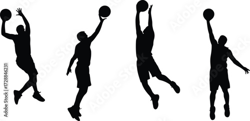 Silhouette illustration of basketball players jumping with ball, performing slam dunk action, black sports icon isolated on white background, perfect for competition, fitness, and training