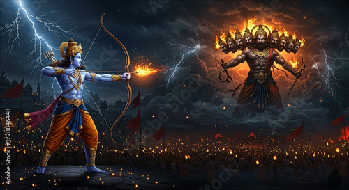 Lord Rama aiming his bow and arrow at Ravana in the sky, symbolizing the victory of good over evil in the epic Ramayana. Ideal for Dussehra festival themes, Hindu mythology, and cultural celebrations.