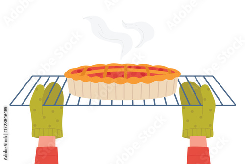 Cartoon chef making traditional pie or tart, view from open door of modern electric oven background. Hands of baker putting fruit cake dessert on tray into kitchen oven to bake vector illustration.