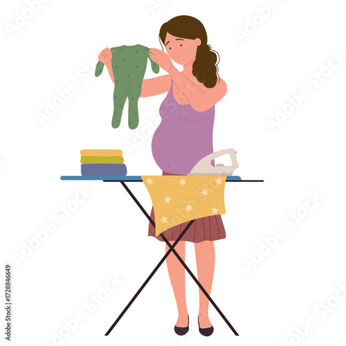 Pregnant woman preparing for birth of child vector illustration. Cartoon future mother character holding baby romper bodysuit, ironing clothes at home interior. Happy pregnancy, maternity concept