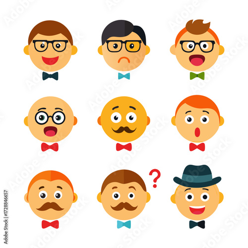 Diverse cartoon faces with bow ties expressing varied emotions