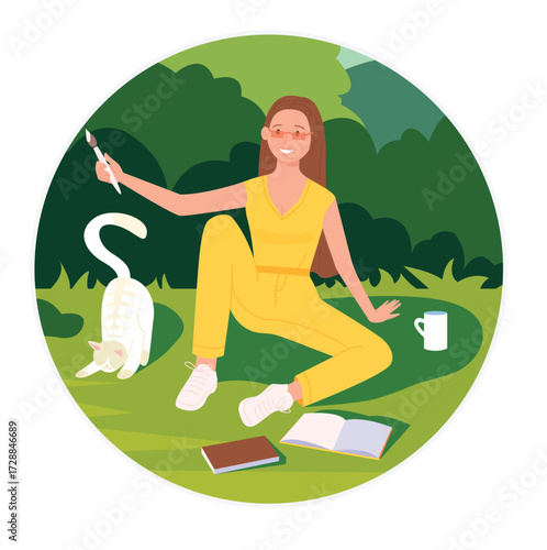 Personal boundaries, privacy vector illustration. Cartoon young woman drawing with brush calm space to close comfort balloon, isolated introvert sitting inside safe bubble with cat and reading books
