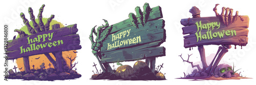 Three creatively designed Halloween signs display Happy Halloween with skeleton hands emerging from the ground. The scene is set in a dark, eerie graveyard.