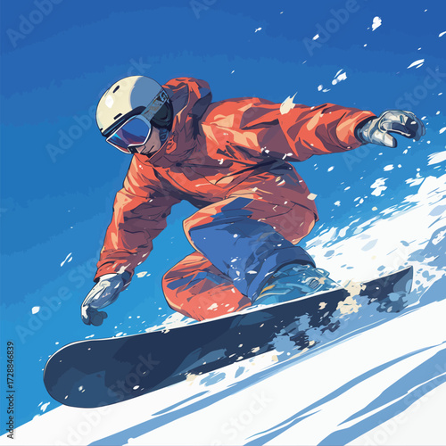 A snowboarder in an orange jacket carves through fresh powder snow on a sunny day. The mountain and sky create a perfect backdrop for winter sports.