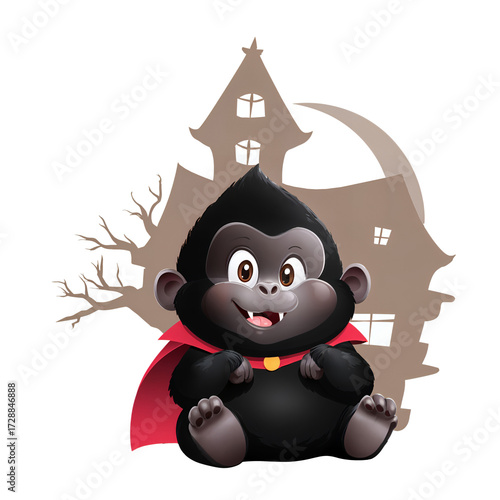 Cute cartoon vampire character sitting in front of a spooky house design at night with playful expression